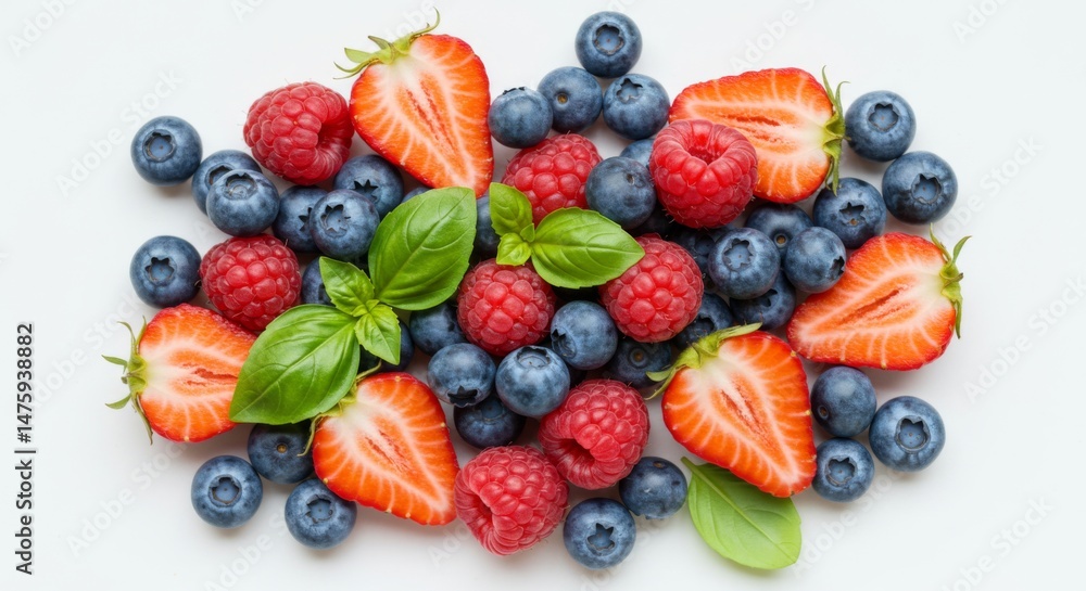 Fresh berry medley with strawberries, blueberries, and raspberries with basil leaves