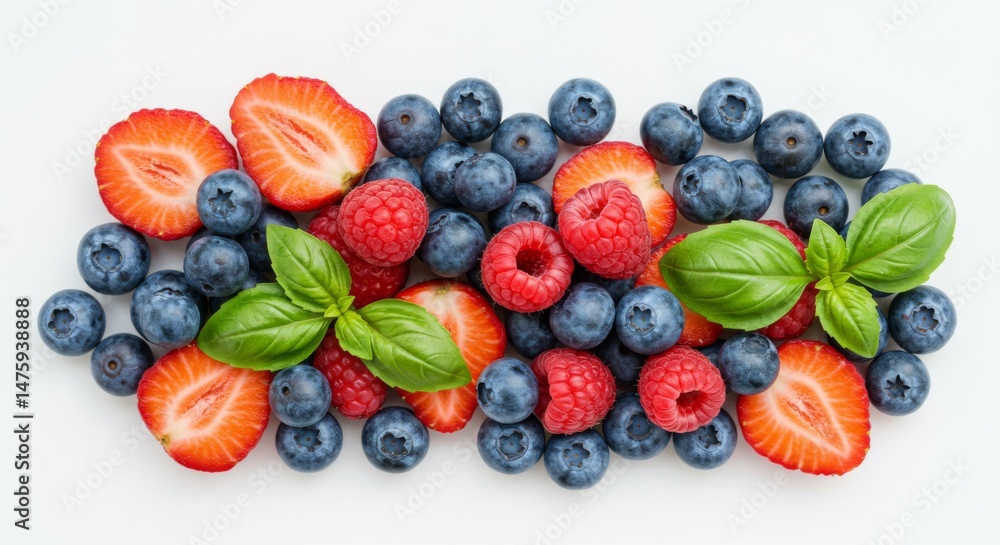 Fresh summer berries with basil on white background perfect for healthy eating