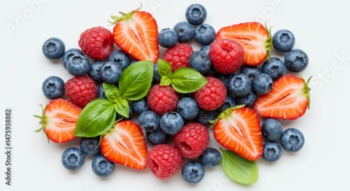 Obraz na płótnie Fresh berry medley with strawberries, blueberries, and raspberries with basil leaves w salonie