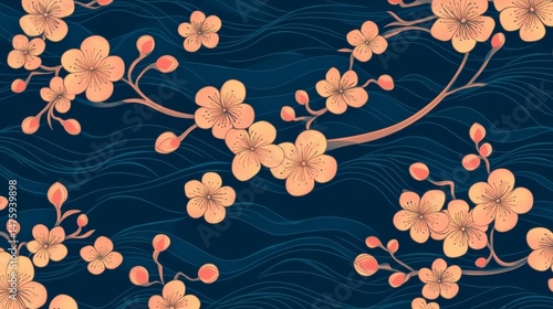 Wallpaper Mural Delicate Peach Blossom Pattern on Dark Blue Waves japanese patterns Torontodigital.ca