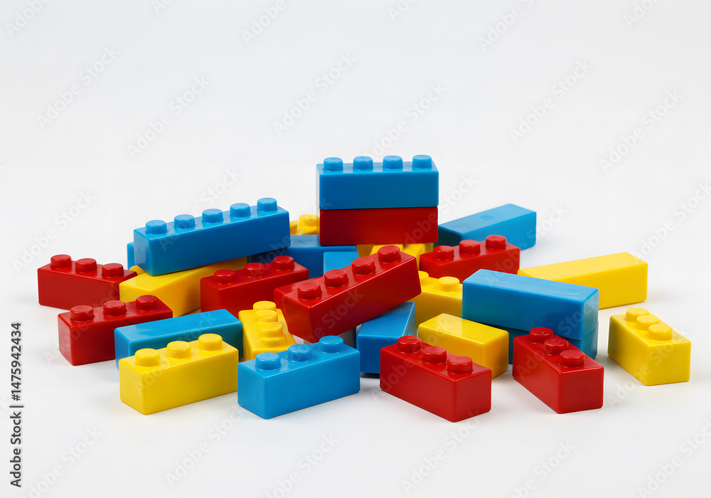 Obraz premium Colorful plastic blocks scattered on a white surface building toy concept