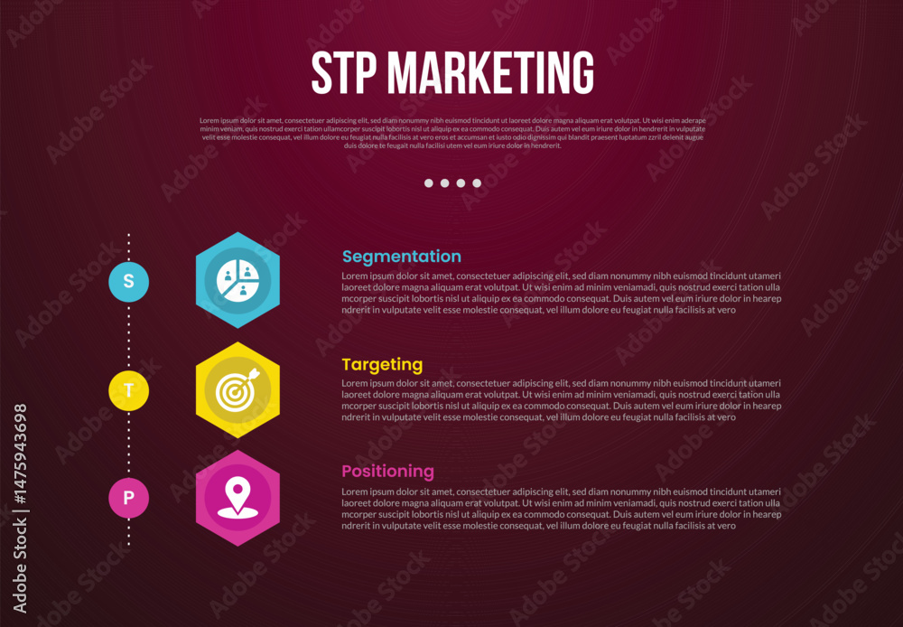 Fototapeta premium STP marketing infographic template with creative hexagon shape vertical stack with dark background style with 3 point for slide presentation