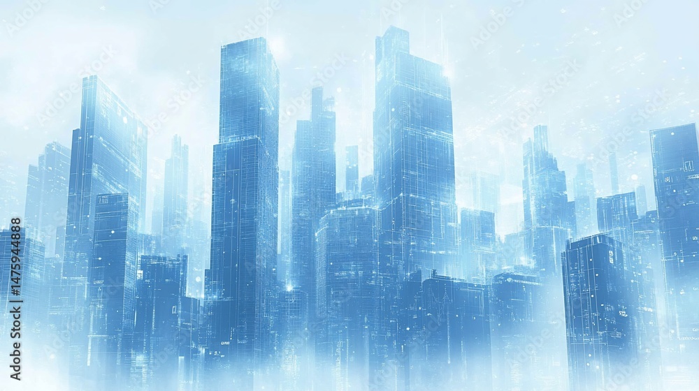 Obraz premium A Futuristic Cityscape Rendered in Blue Tones with a Misty Atmosphere and Glowing Accents