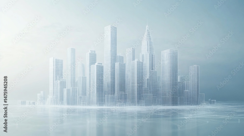 Fototapeta premium Futuristic Wireframe Cityscape with a Digital Network Overlayed on the Ground