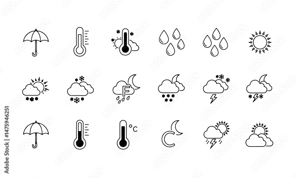 Fototapeta premium Line Weather Icons Collection depicting various atmospheric conditions including temperature, rain, sun, moon, clouds, lightning, and an umbrella.