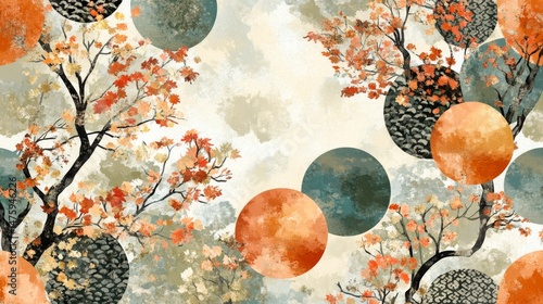 Autumn Trees and Circles Seamless Pattern japanese patterns