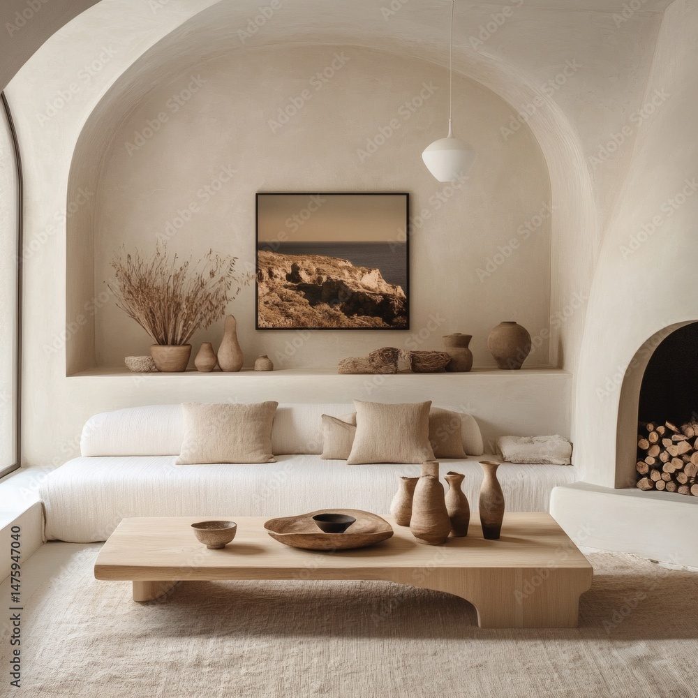 Fototapeta premium Sofa against fireplace in room with arch window and ceiling. Mediterranean interior design of modern living room. 