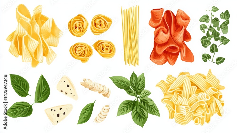 A delightful arrangement of diverse pasta shapes with aromatic herbs and cheese A delightful arrangement of diverse pasta shapes with aromatic herbs and cheese