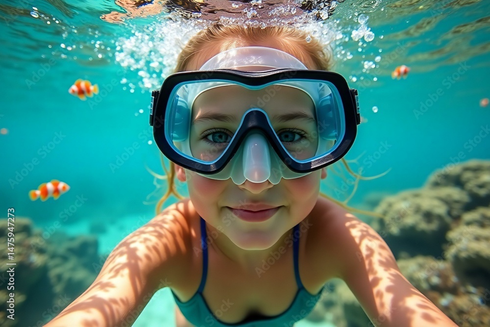 Fototapeta premium A Girl Wearing Diving Mask is Snorkeling.