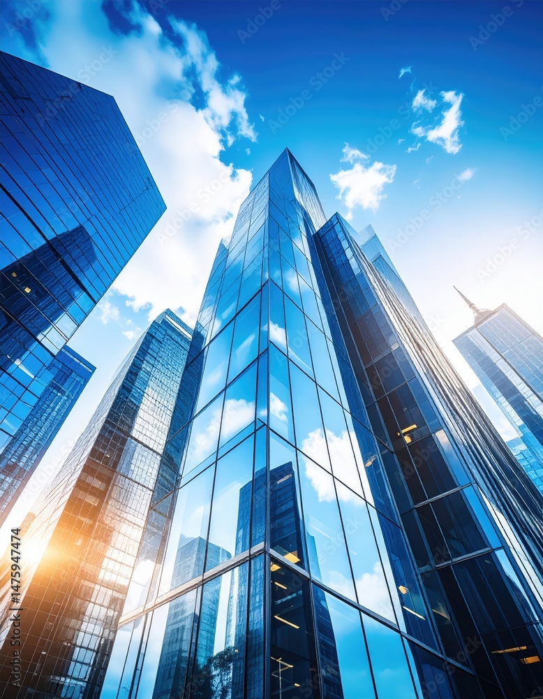 Obraz premium A captivating view of towering skyscrapers from ground level, showcasing their impressive height and architectural details against a clear blue sky.