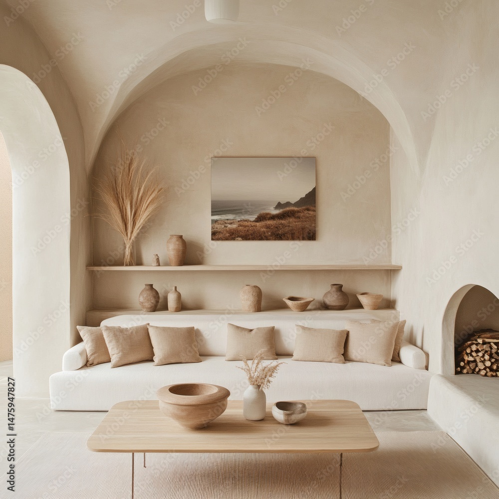 Fototapeta premium Sofa against fireplace in room with arch window and ceiling. Mediterranean interior design of modern living room. 