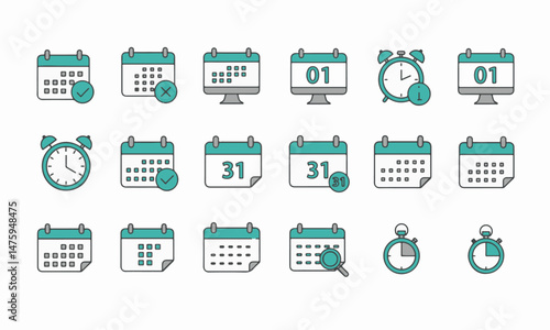 Calendar and Time Icons Set representing calendars, dates, time, and related concepts such as scheduling, deadlines, and reminders