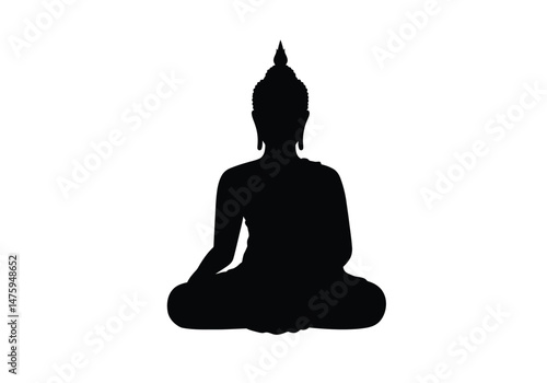Buddha silhouette. This image shows a black and white design of Buddha in a meditative pose, symbolizing spirituality, wisdom, and inner peace. Vector clipart illustration design.