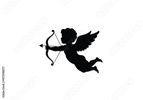Cupid silhouette. This image shows a black and white design of Cupid, the winged cherub from mythology, holding a bow and arrow symbolizing love. Vector clipart illustration design.