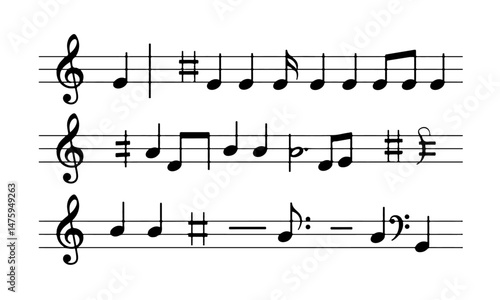 Set of musical notes and symbols. a collection of  black musical notes and symbols arranged in three rows on a white background.
