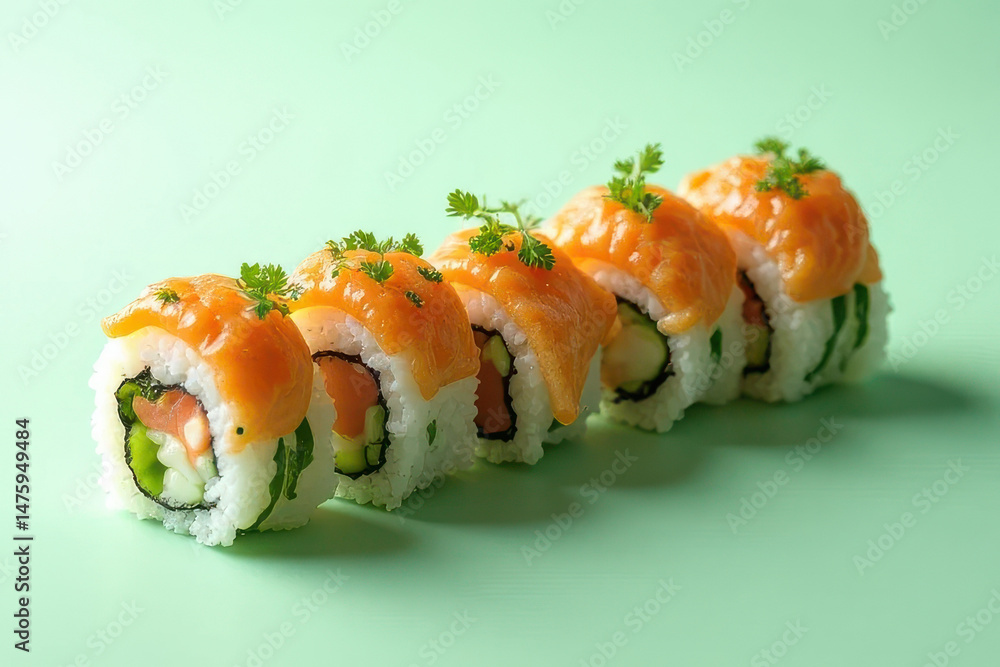 Minimalist Veggie Sushi Rolls Photography: Clean Food Style on Mint Background with Sunset Light Minimalist Veggie Sushi Rolls Photography: Clean Food Style on Mint Background with Sunset Light