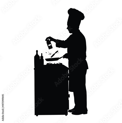 Cooking silhouette. This image shows a black and white design of a cooking scene with essential kitchen tools, highlighting the culinary process. Vector clipart illustration design.