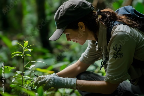 A botanist examines a young plant in a lush forest environment during environmental research and conservation