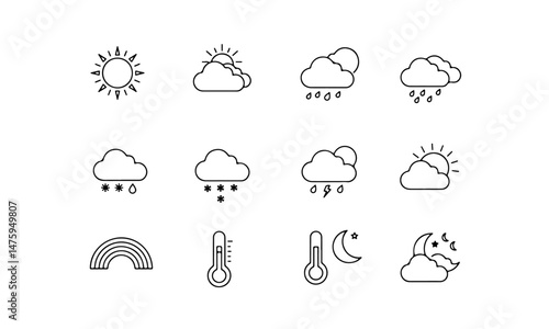 Line Weather Icons Set. Various atmospheric conditions such as rain, clouds, water droplets, snow, temperature, star, moon, sun, lightning, and wind