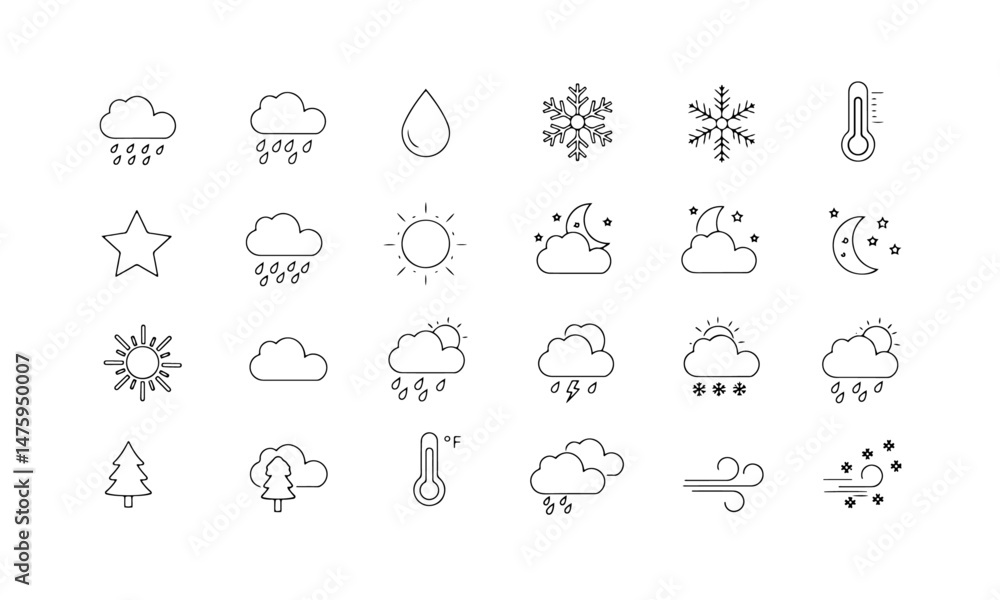 Fototapeta premium Line Weather Icons Set. Various atmospheric conditions such as rain, clouds, water droplets, snow, temperature, star, moon, sun, lightning, and wind