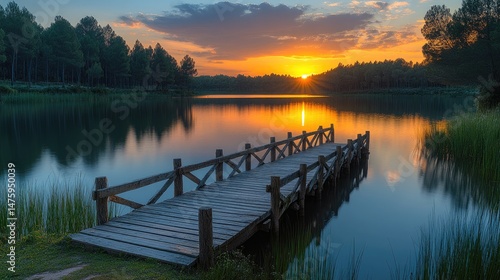 Serene sunset over a tranquil lake, wooden dock