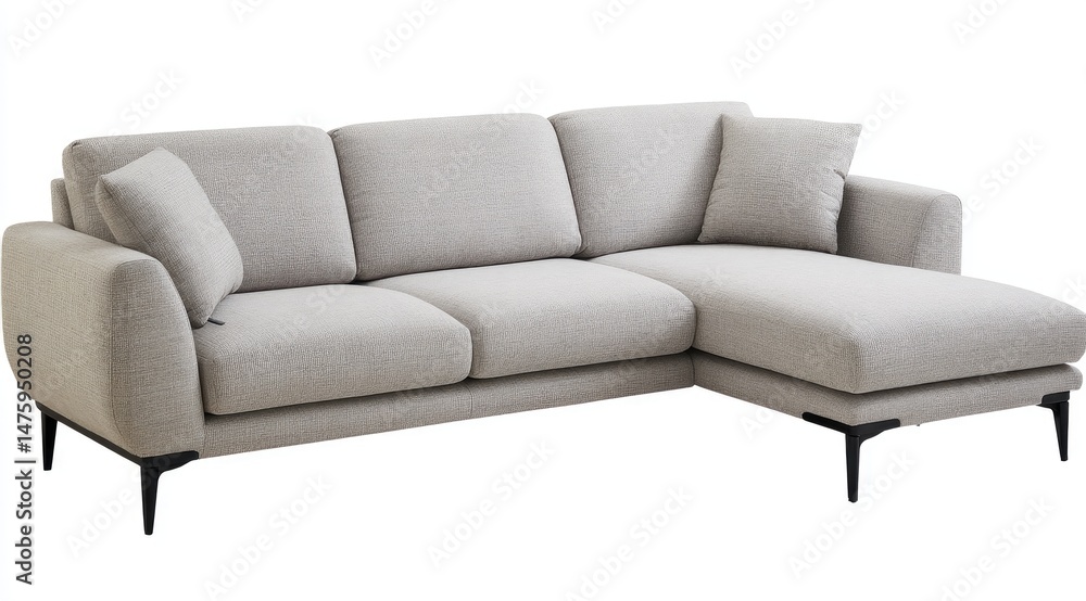 Light beige fabric L-shaped sofa with sleek black legs. Comfortable seating for relaxation Light beige fabric L-shaped sofa with sleek black legs. Comfortable seating for relaxation