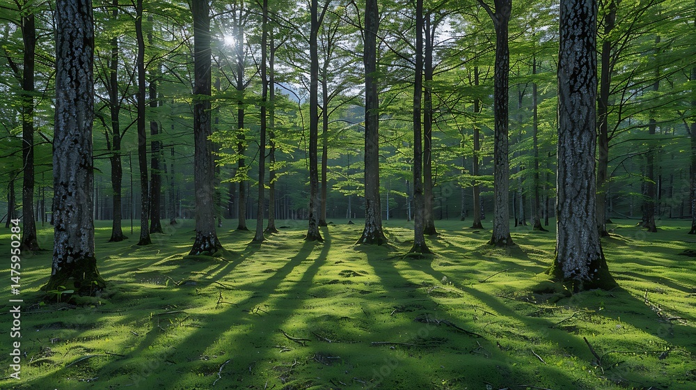 Fototapeta premium Sunlit Forest Scene with Tall Trees Green Foliage and Long Shadows