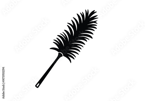 Feather duster silhouette. This image shows a black and white design of a feather duster with soft bristles and a handle, used for dusting surfaces. Vector clipart illustration design.