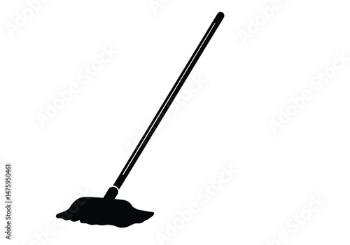 Mop silhouette. This image shows a black and white design of a mop with a long handle and bristles, used for cleaning and maintaining hygiene. Vector clipart illustration design.