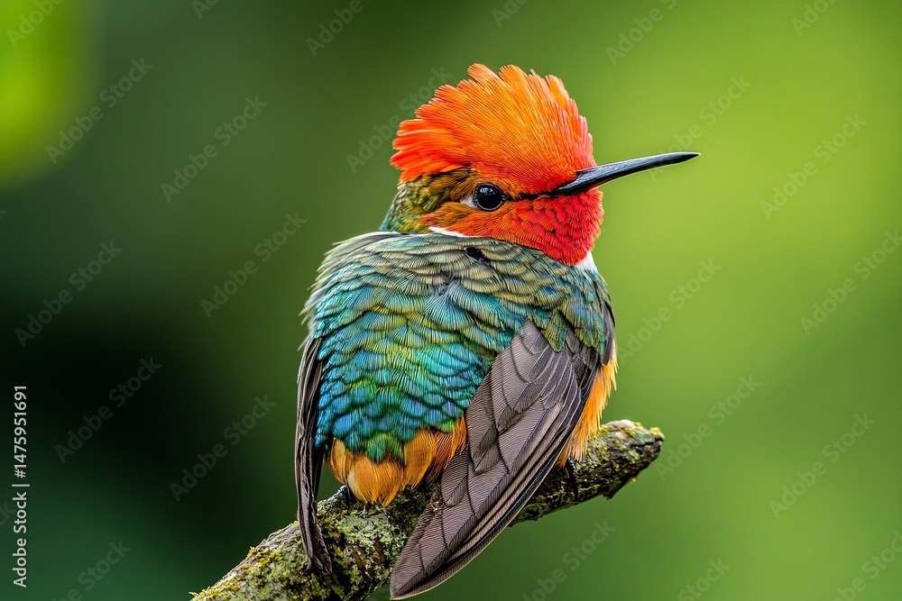 Obraz premium Photograph of a hummingbird perched on the end of a branch, with colorful plumage featuring a red head and chest, set against a green background. The close-up shot captures the detailed texture