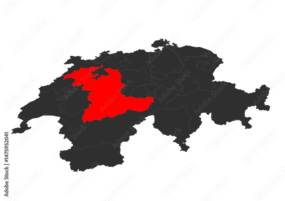 Obraz premium red colored vector silhouette of the location map of the canton of bern in the country of zwitzerland
