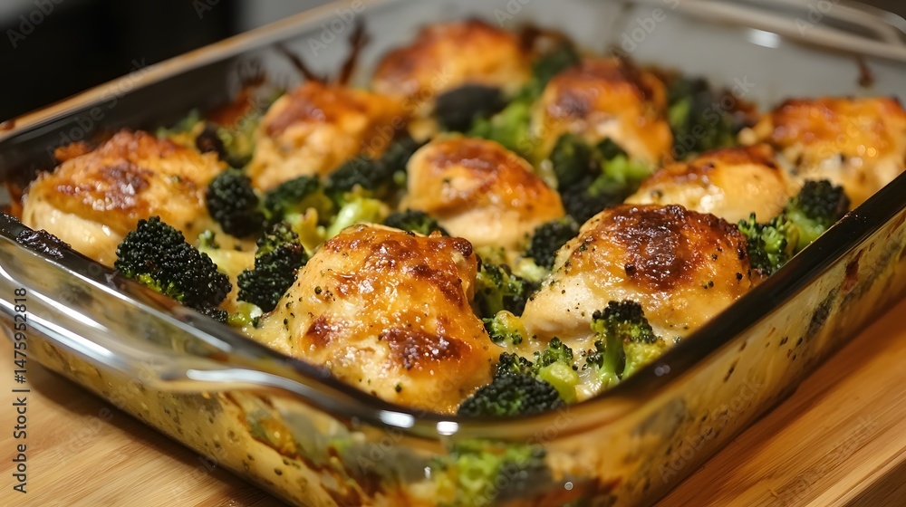 Baked chicken dish with broccoli and cheese topping. Baked chicken dish with broccoli and cheese topping.