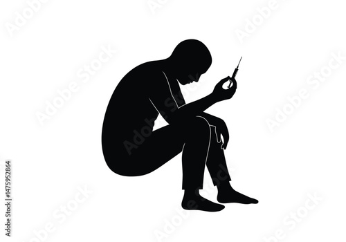 Drug abuse silhouette. A depressed person sits holding a syringe, symbolizing drug addiction, overdose, and mental health crisis. Vector clipart illustration design.