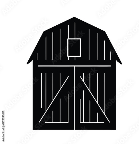 Barn door silhouette. This image shows a black and white design of a wooden barn door with a classic frame, symbolizing rustic architecture and countryside charm. Vector clipart illustration design.