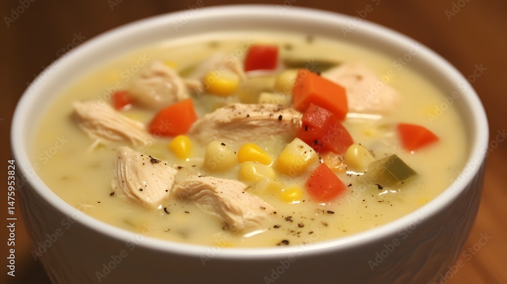 Creamy chicken and corn soup in a white bowl. Creamy chicken and corn soup in a white bowl.