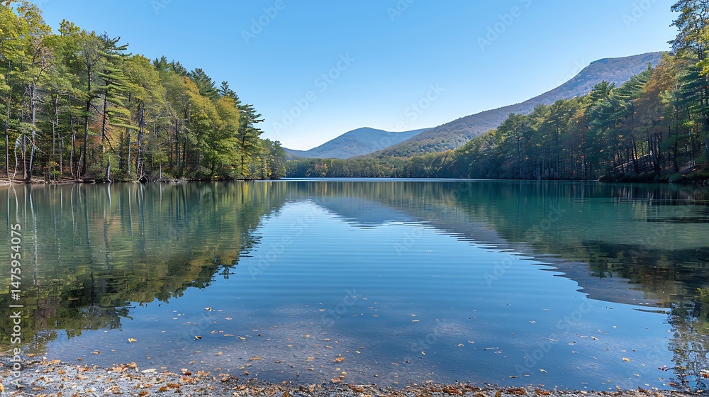 Naklejka premium Tranquil Lake Reflecting Forest And Mountains Under Clear Blue Sky