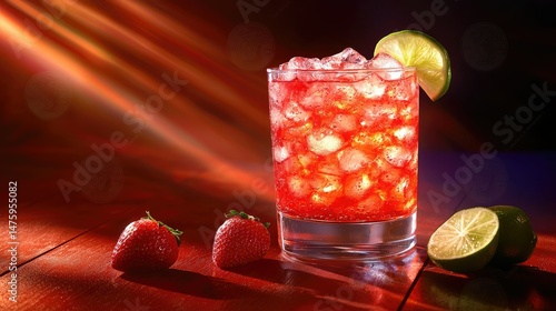 A refreshing strawberry margarita with crushed ice and a lime wedge, captured under soft, warm lighting to emphasize the colors of the drink. © Heng Kimhong