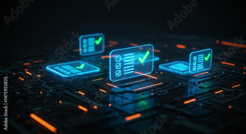 Glowing digital checkmarks on circuit board, indicating success, completion, or data verification in a futuristic setting. High-tech design.