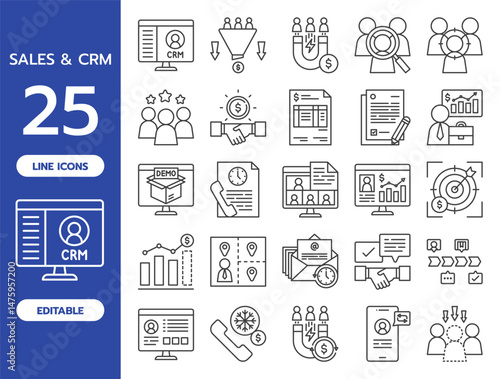 Sales and CRM Line Icon Set. Includes 25 editable vector icons such as CRM, sales funnel, lead, client, quotation, pipeline, sales target, email sequence, customer journey, negotiation, and more.