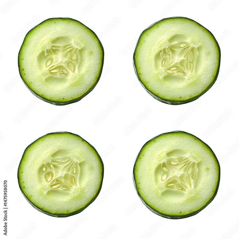 Four Freshly Sliced Cucumber Rounds Isolated on Black Background for Culinary Presentations and Healthy Cooking Contexts Four Freshly Sliced Cucumber Rounds Isolated on Black Background for Culinary Presentations and Healthy Cooking Contexts