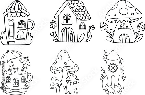 Whimsical Fantasy Houses Coloring Page – Tea Cup Homes, Mushroom Dwellings & Rocket House