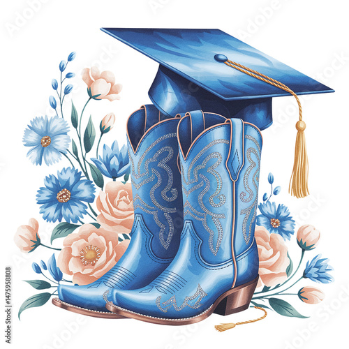 Elegant Blue Cowboy Boots with Graduation Cap and Flowers