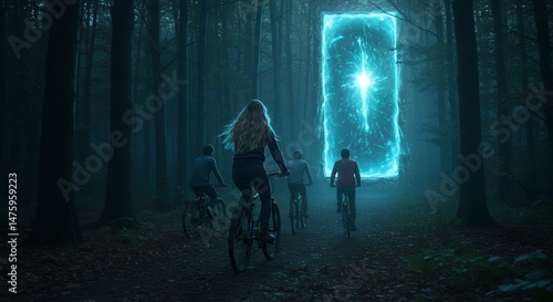 Wallpaper Mural Group riding bike towards glowing portal in forest Torontodigital.ca