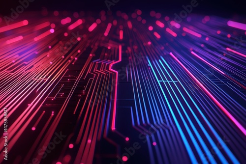 Vibrant neon data pulses flow through interconnected circuits, symbolizing advanced technology and innovation in a digital universe