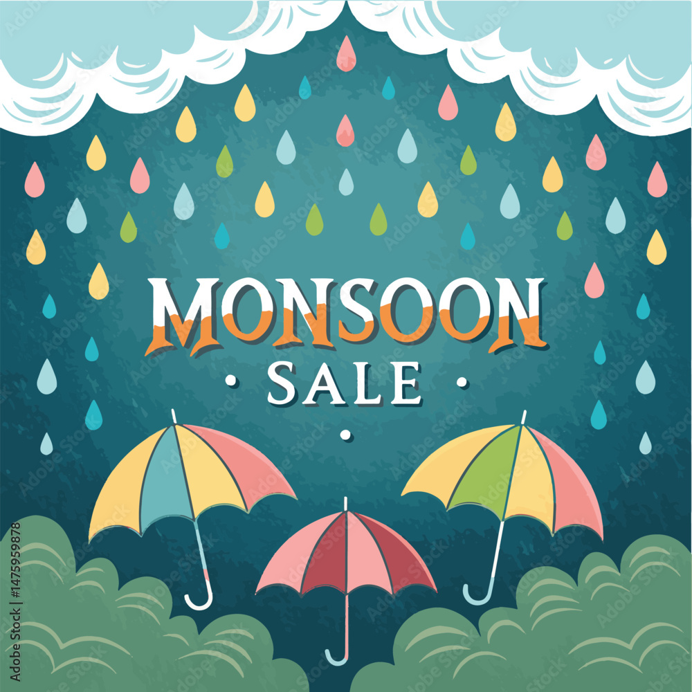 monsoon sale post design with colorful umbrellas and raindrops monsoon sale post design with colorful umbrellas and raindrops