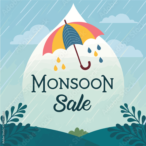 monsoon sale post design with colorful umbrellas and raindrops