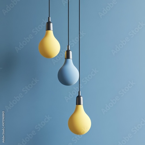 Three Pastel Hanging Edison Bulbs, Blue and Yellow Lightbulbs Minimalist Interior Design