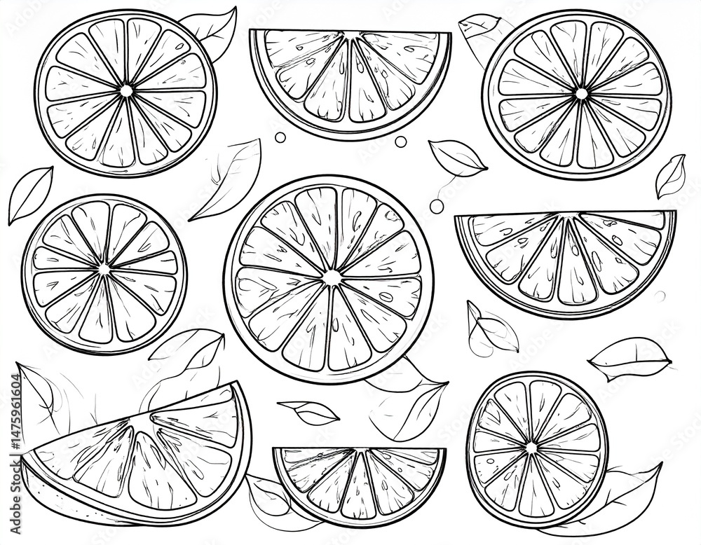 Fototapeta premium illustration of oranges fruit, black and white for coloring
