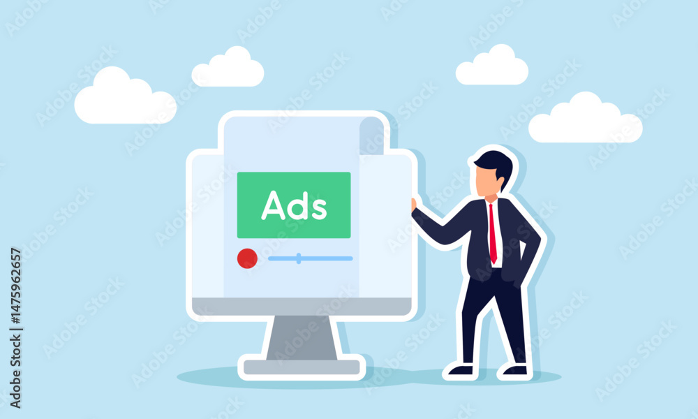 Businessman Standing Beside Monitor Displaying ADS Interface Representing Monitoring Business Advertising Performance Businessman Standing Beside Monitor Displaying ADS Interface Representing Monitoring Business Advertising Performance