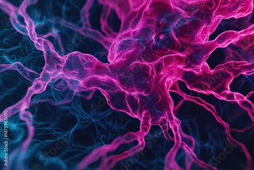 Magenta and cyan gradients create a vibrant, surreal sci-fi abstraction of a digital brain pulsing with energy